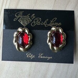 Jewels by Park Lane Clip‎ Earrings 1 1/8" Red Cabochon Oval Design Gold Plated